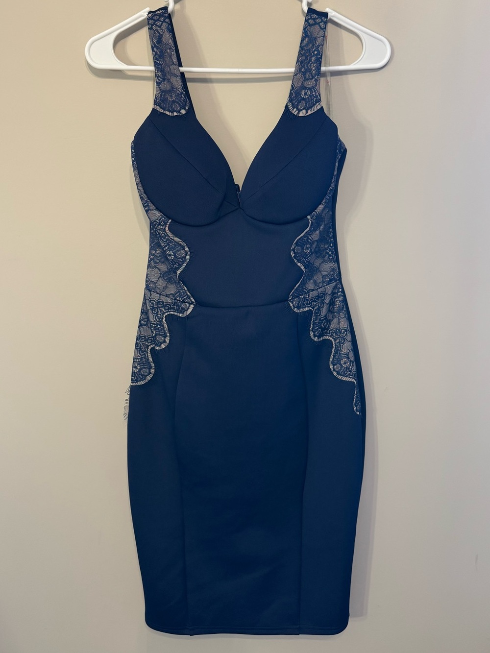Lipsy London Navy Blue Lace Panel Bodycon Dress - Size 4